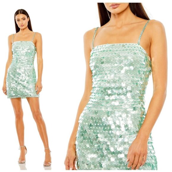 MAC DUGGAL Paillette Square Neck Cocktail Minidress in Mint Size X-Small - Picture 1 of 9